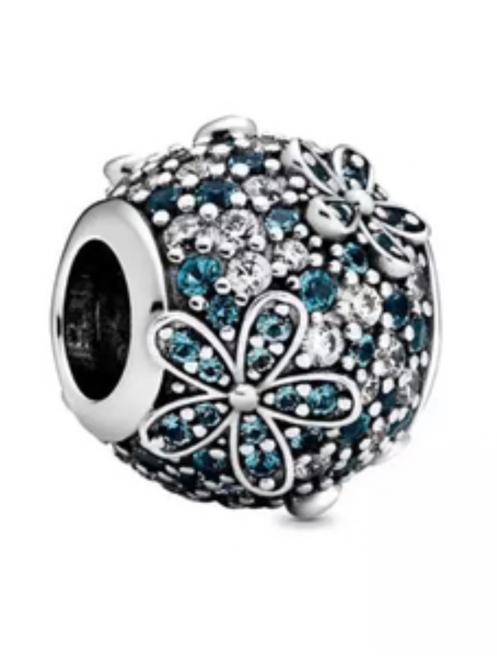 Pandora Sterling Silver Teal Blue Pavé Daisy Flower Charm Bracelet Retired